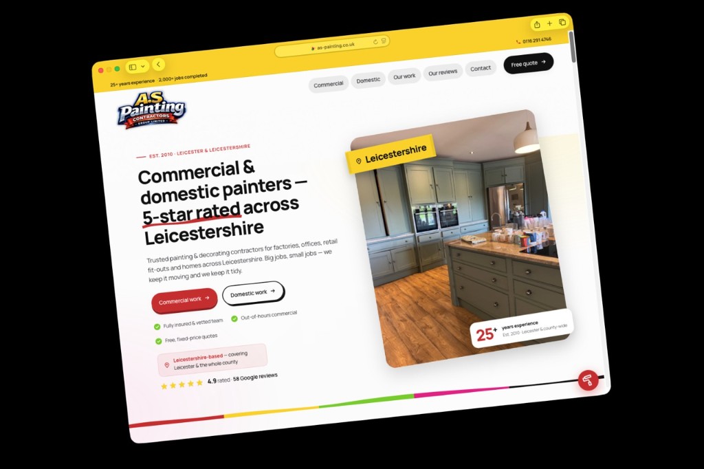 Screenshot of the new A.S Painting Contractors website homepage showing commercial and domestic painting services in Leicestershire
