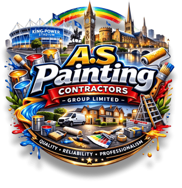 A.S Painting Contractors emblem featuring Leicester landmarks including King Power Stadium, the Clock Tower and Leicester Cathedral, with painting equipment and a work van