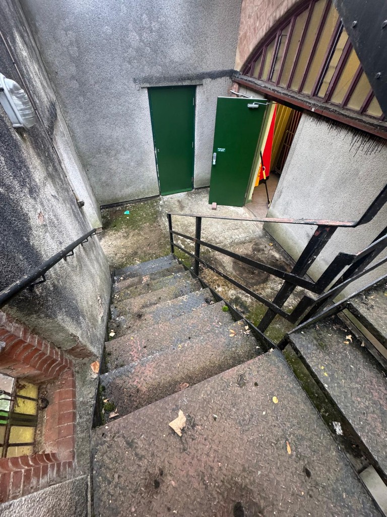 Lower flight and landing of the steel staircase covered in dirt, leaves and moss before work