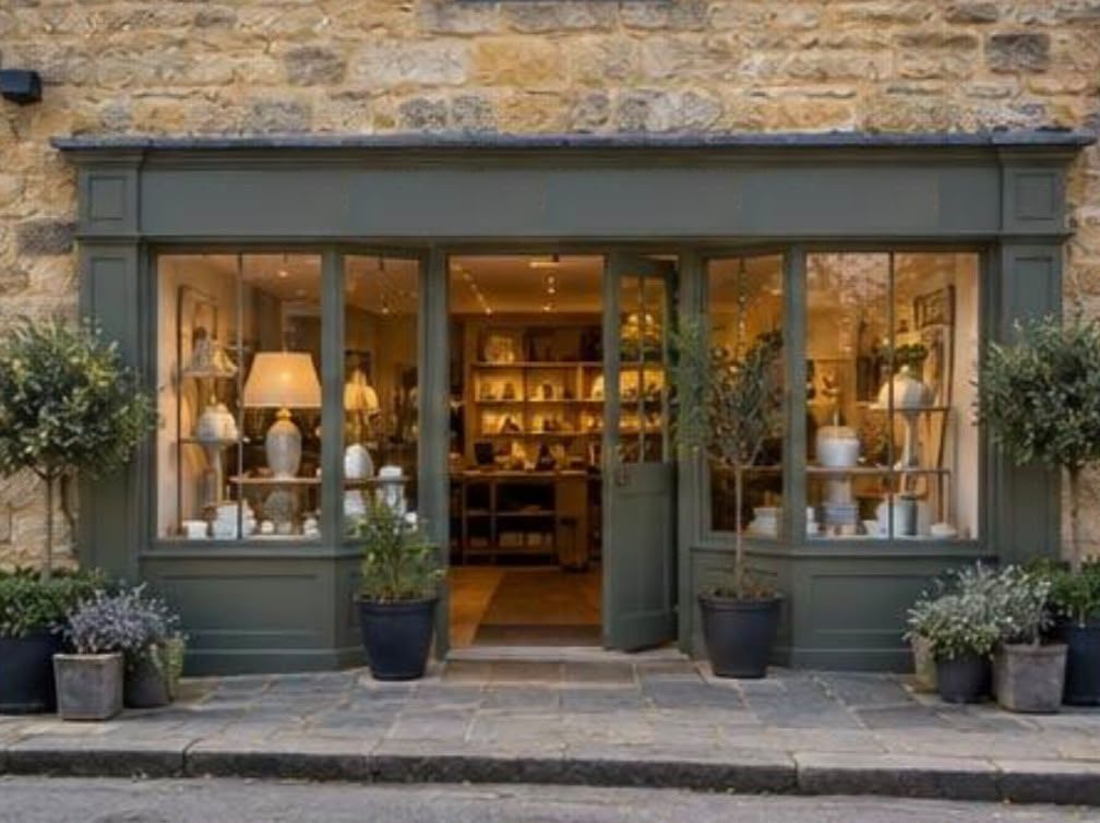 Sage green painted timber shopfront set into a Cotswold stone building