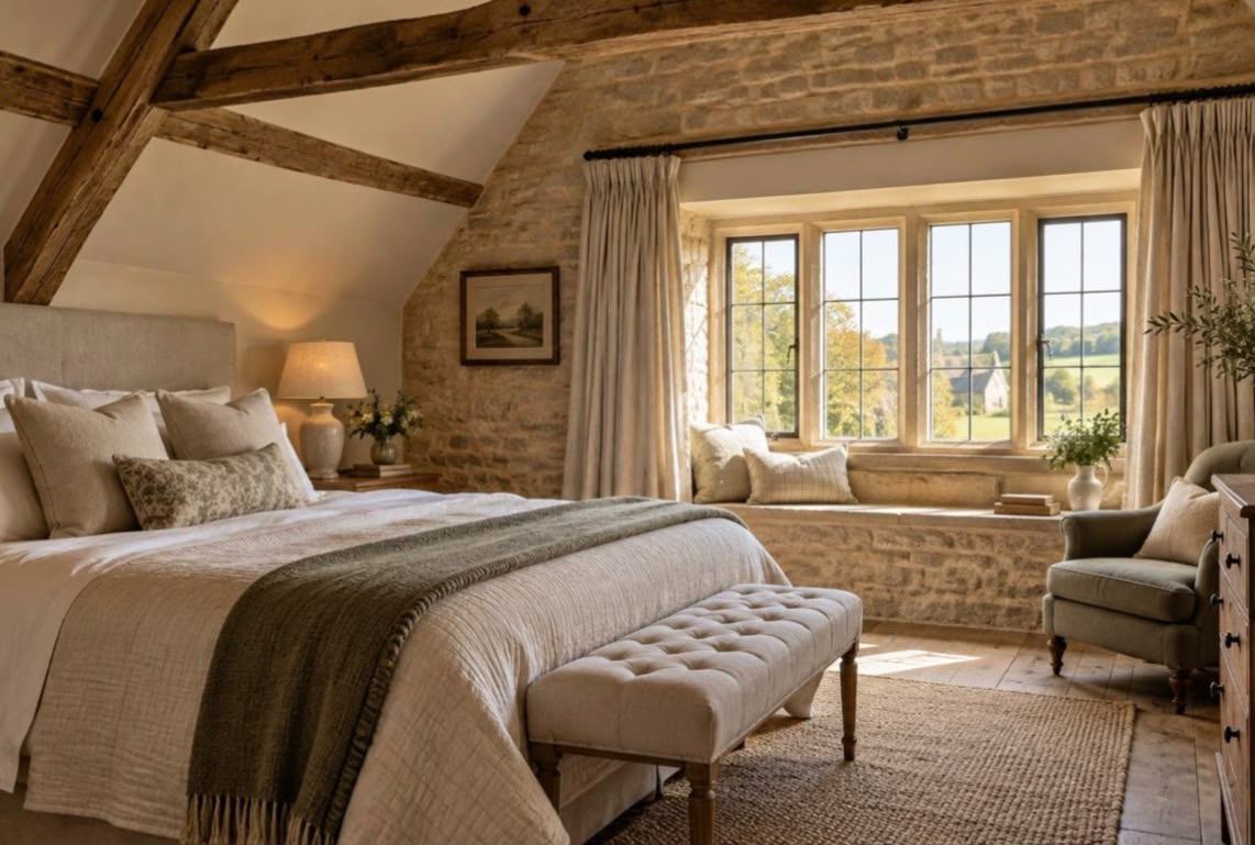Beamed bedroom in a stone farmhouse with soft neutral walls and a window seat