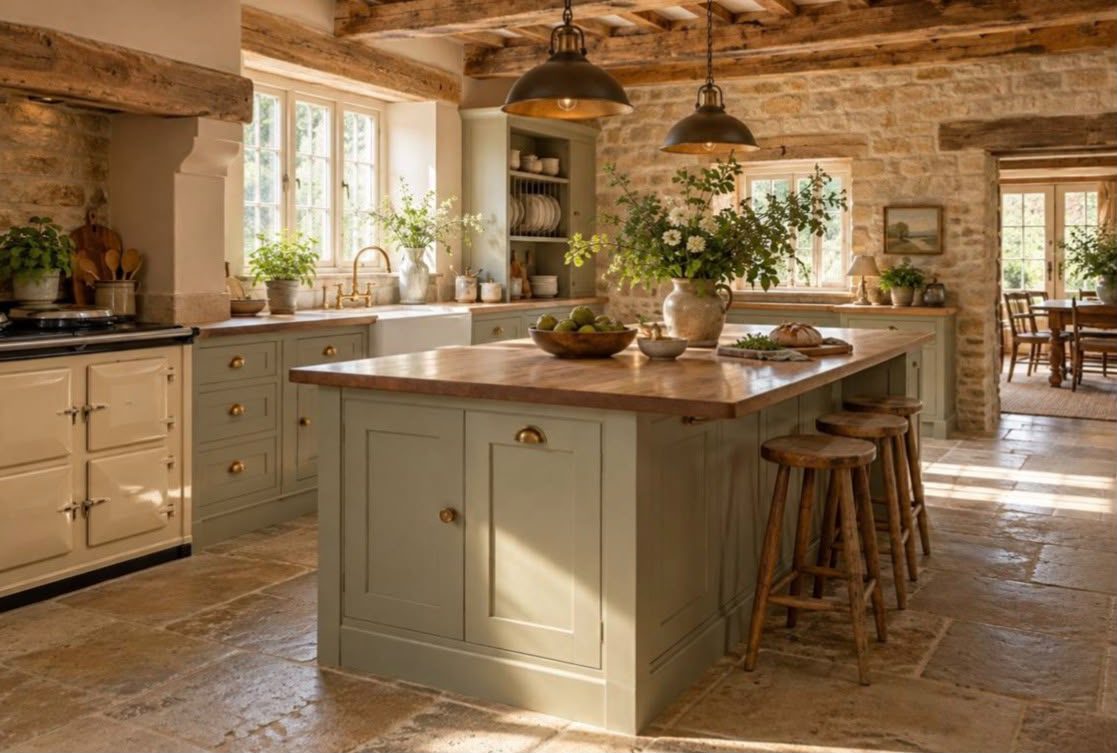 Farmhouse kitchen with sage green painted island and cabinets under oak beams