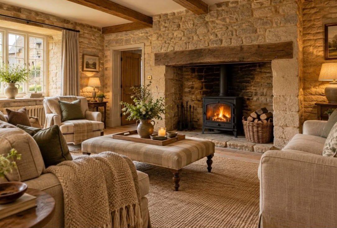 Cotswold cottage living room with exposed stone inglenook fireplace and oak beams