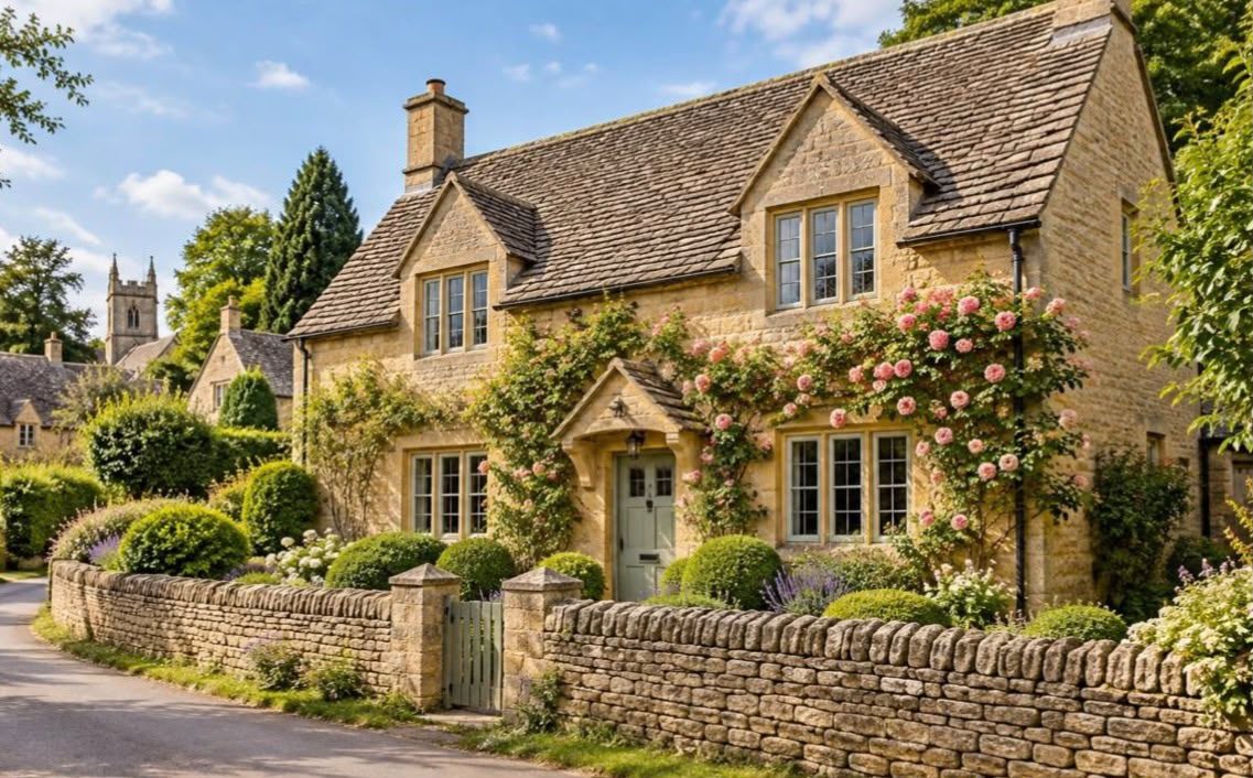Honey-coloured Cotswold stone cottage with climbing roses behind a dry stone wall
