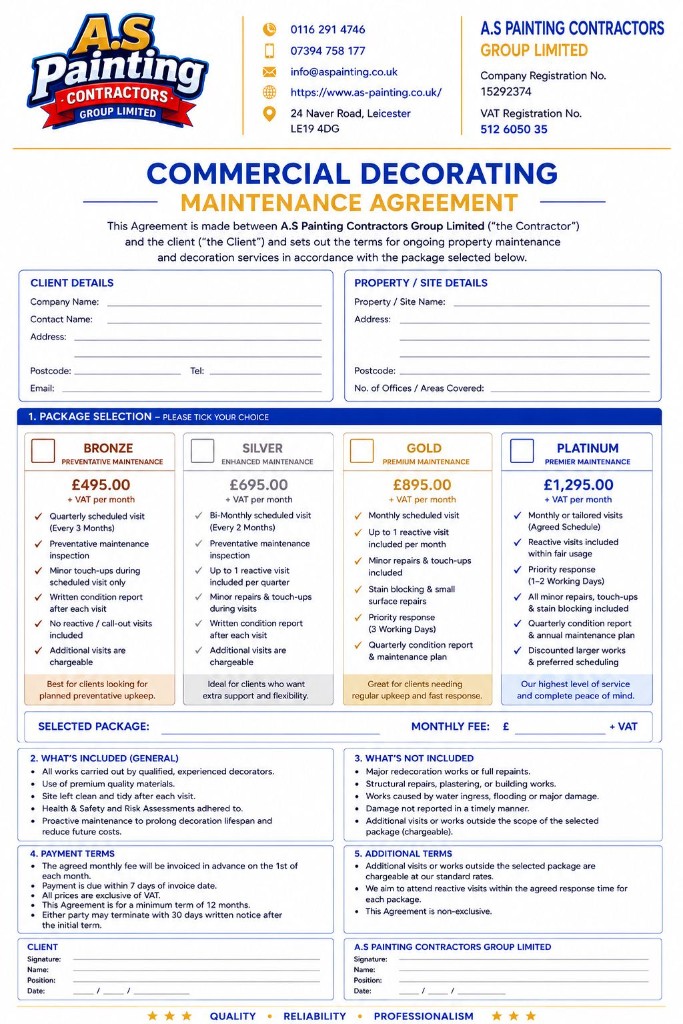 A.S Painting Commercial Decorating Maintenance Agreement showing Bronze, Silver, Gold and Platinum packages