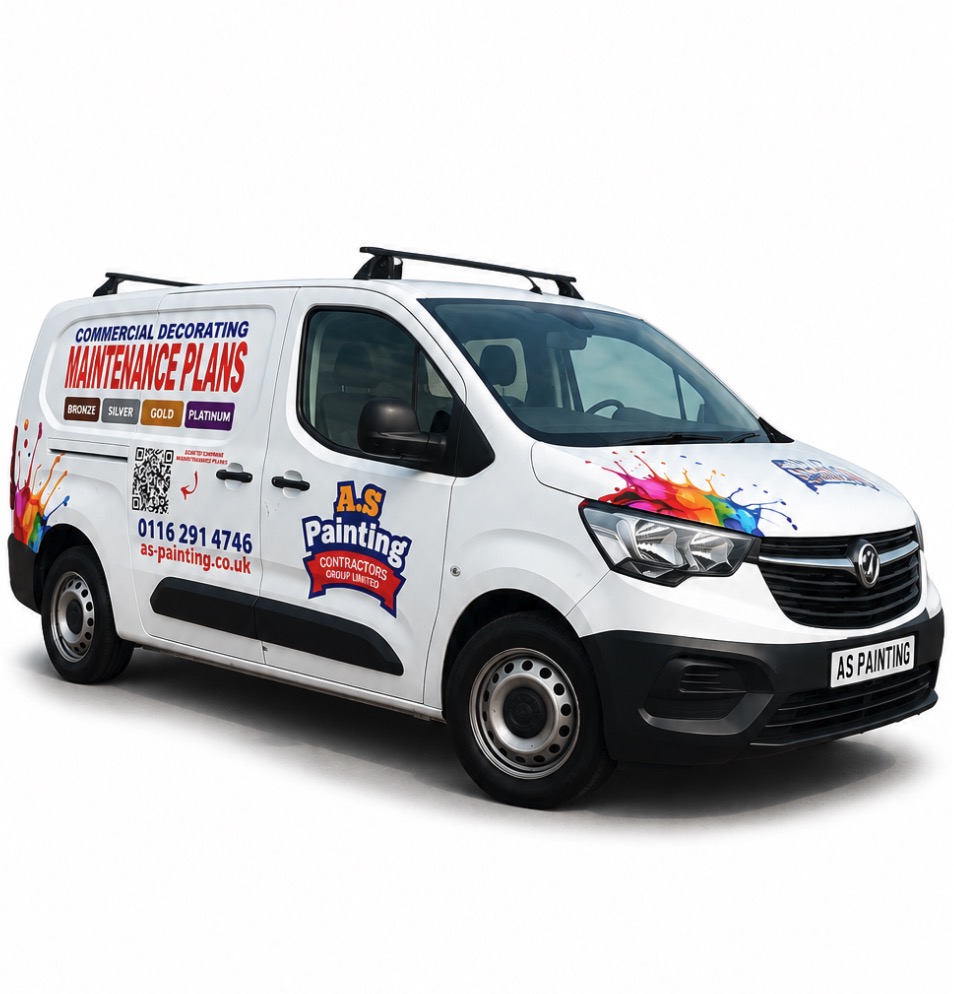 A.S Painting Contractors sign-written van showing Bronze, Silver, Gold and Platinum maintenance plans with a scan-to-compare QR code